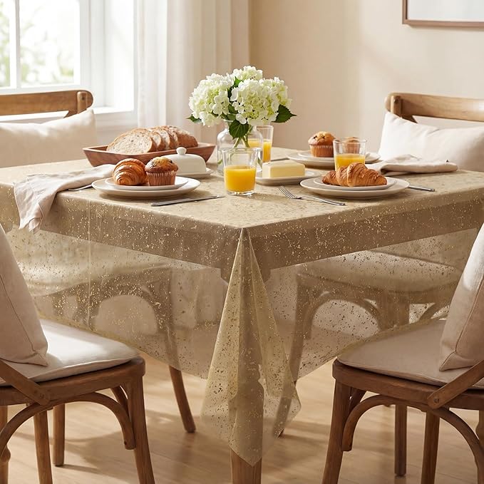 Horaldaily Coffee Gold Gauze Tablecloth 60x84 Inch Rectangular, Golden Sequin Glitter Metallic Foil, Sheer Tulle Cheesecloth for Wedding Baby Shower Ceremony Birthday