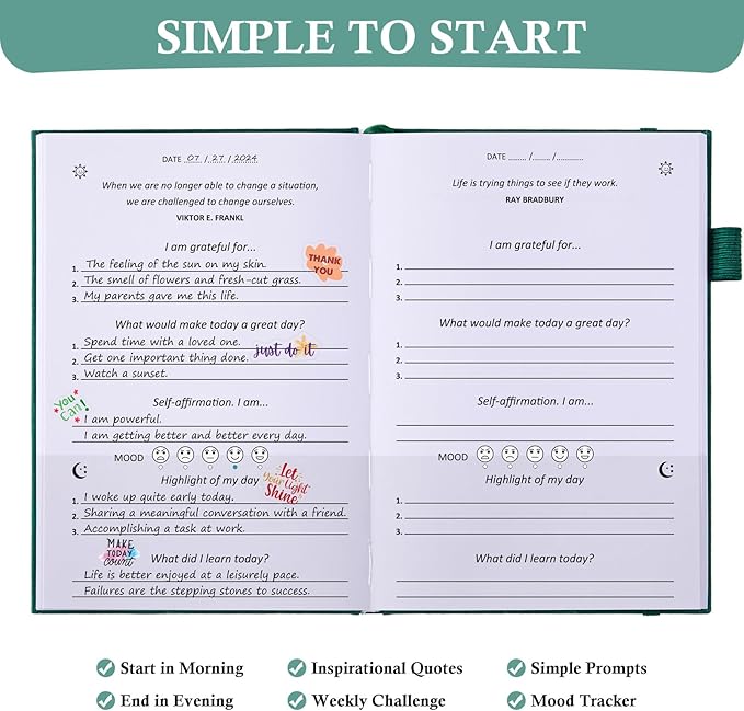 Gratitude Journal with 4 Inspirational Stickers: Undated Daily Gratitude Journal for Women and Men - More Happiness, Affirmation, and Mindfulness in A Few Minutes with Prompts & Quotes (Green)