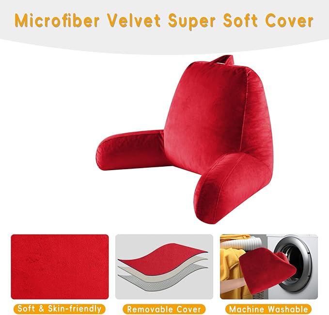 Reading Pillow for Sitting in Bed Adult, Reading Pillow with Shredded Memory Foam, Bed Pillow with Washable Cover, Back Pillow Sitting Up with Extend Arms, Red, X-Large