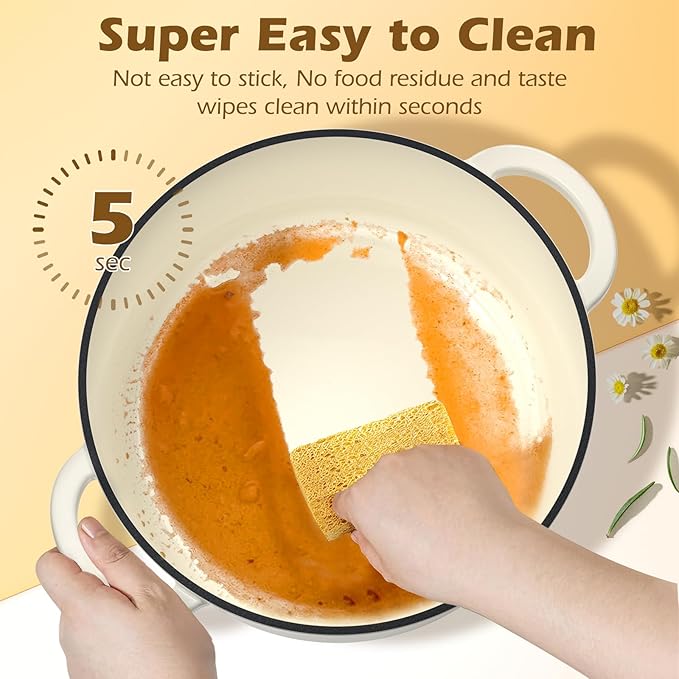 Umite Chef Enameled Cast Iron Dutch Oven-7QT Pot with Lid Cookbook & Cotton, Heavy-Duty Cookware for for Bread Baking, Braising, Stews, Marinate, Cook(Cream White)