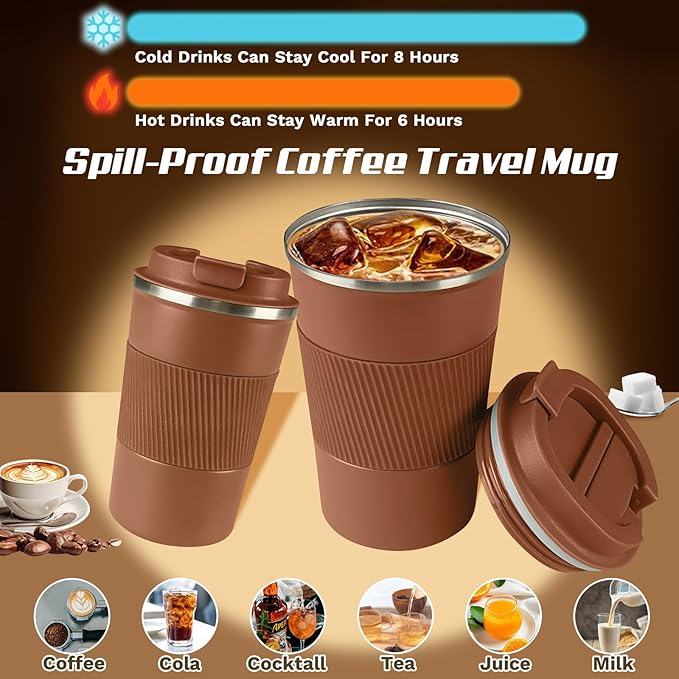 SPLMIFA Vacuum-Insulated Stainless Steel Travel Coffee Mug, Leak-Proof Reusable Coffee Cup with Lid-Keep Hot & Cold Drinks for Hours, Durable Insulated Tumbler for Men & Women(3rd-Light Coffee, 12OZ)