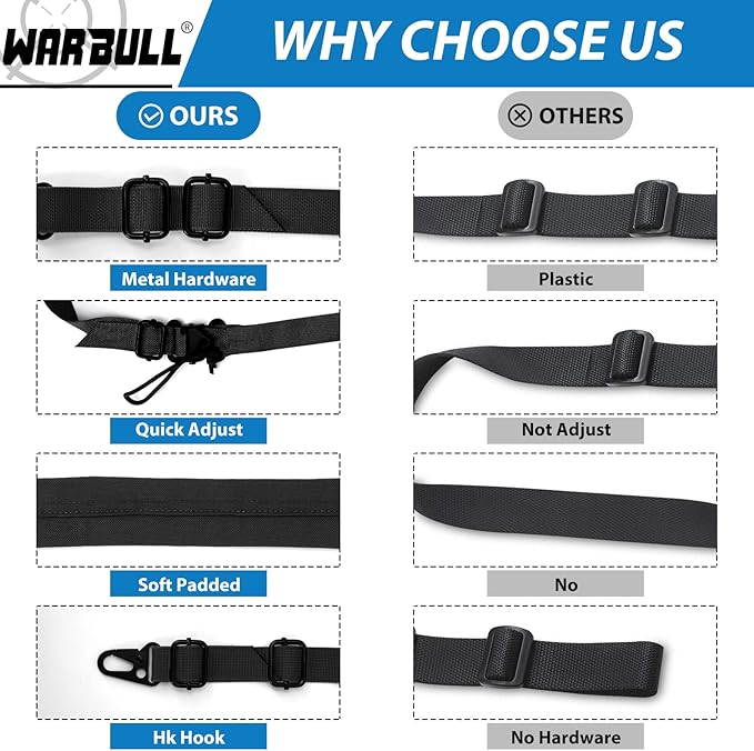 WarBull 2 Point Rifle Sling, Quick Adjust Gun Sling with HK Hook, Soft Shoulder Pad Traditional Sling for Rifle Shotgun Camera Crossbow Hunting Shooting and Outdoor Sports with Keychain Gift