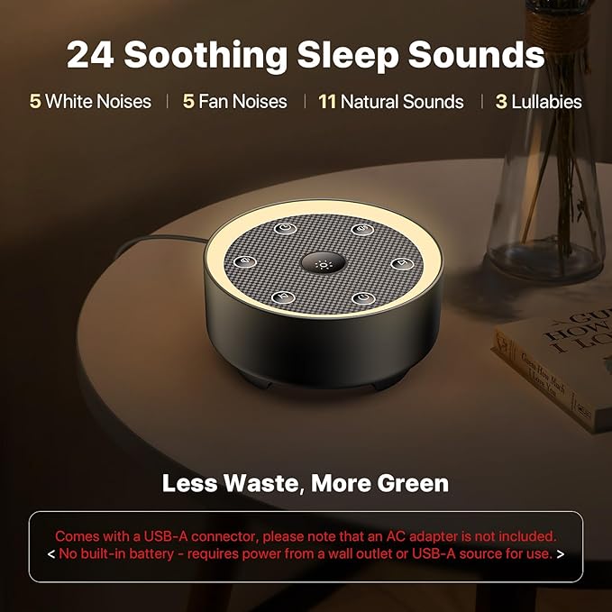 Sleep Sound Machine with White Noise, 24 Soothing Sounds & Max 8H Timer for Baby and Adult. Recessed Night Light Button, Dimmable Light, Plug in