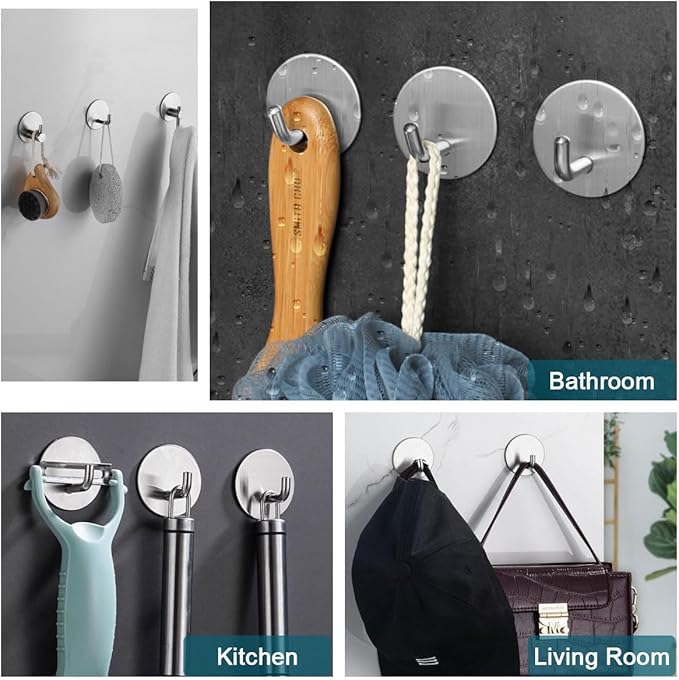 8 Pack Silver Adhesive Wall Hooks, Towel Hooks for Bathrooms, Sticky Hooks for Hanging, Stick-on Wall Mount for Bathroom Kitchen Bedroom No Drill