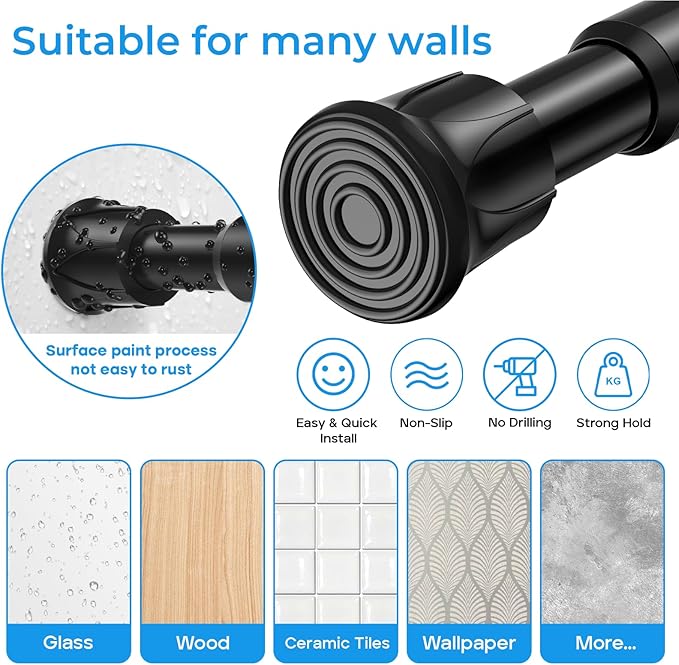 Tension Rod 28 to 48 inch, Adjustable Curtain Rods No Drilling Spring Rods Extendable Pressure DIY Tension Rod for Window Closet Kitchen, Black