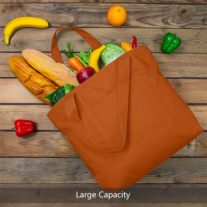 TOPDesign 6-Pack Canvas Tote Bags with an External Pocket, Reusable Grocery Shopping Bags, Top Zipper Closure, Daily Essentials (Orange)