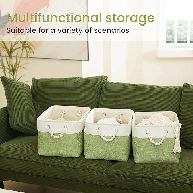 VQRTEXA Large Storage Baskets- 15x11x10 inch Storage Bins for Shelves and Closet Organizing, Foldable Fabric Bin for Home Organization Clothes and Laundry (1-Pack, White&Green)