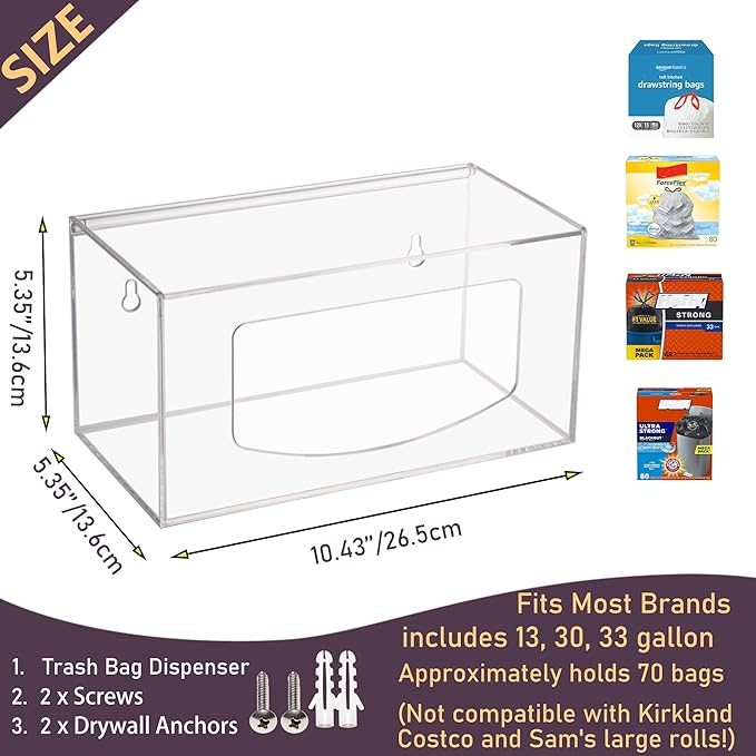 Large Trash Bag Holder with Lid, Wall Mount and Under Sink Stackable, Clear Acrylic Cabinet Kitchen Organizer Storage Box Dispenser for Plastic Garbage Bags Grocery Bag Roll Can Container