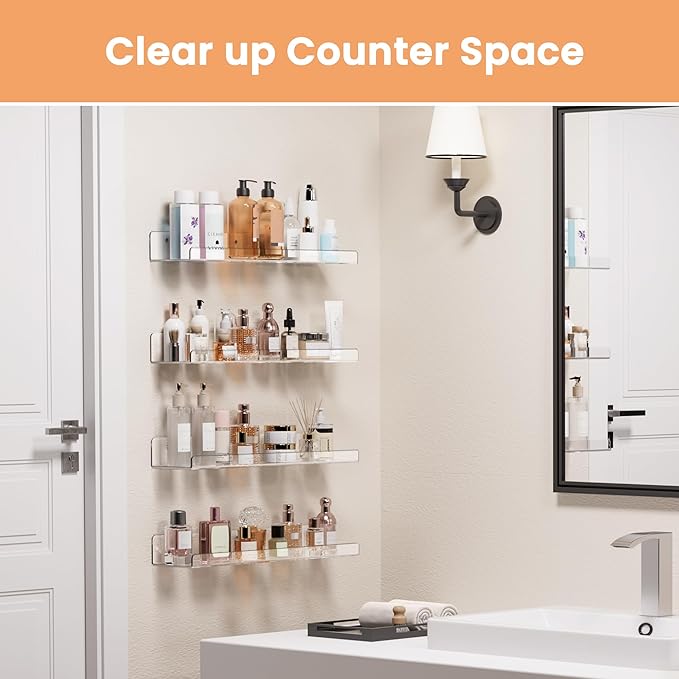 upsimples Acrylic Shelves for Bathroom Storage, 15" Floating Shelves Wall Organizer for Perfume, Makeup, Skincare, Kids Bookshelf for Bedroom, Nursery, Living Room Decor, Clear, 4 Pack