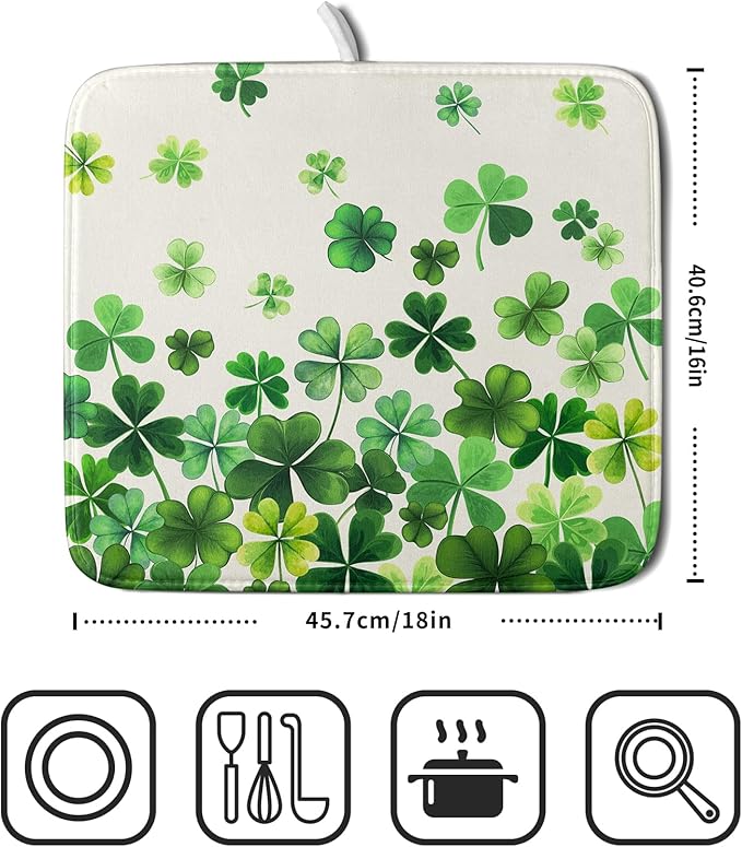 Spring Sage Green Shamrocks Drying Mat 16x18 Inch St. Patrick's Day Irish Shamrock Clover Dish Rack Pad Super Absorbent Dish Drainer Mat Dish Drying Pad Mats Protector for Kitchen Counter Coffee Bar