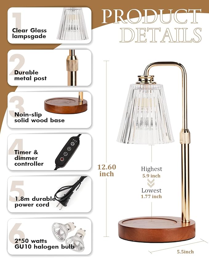 Candle Warmer Lamp with Timer Dimmable, Christmas Birthday Gifts for Women Mom, Adjustable Candle Warming Lamp with 2 Bulbs, Crystal Candle Lamp Warmer for Jar Scented Candles, House Warming