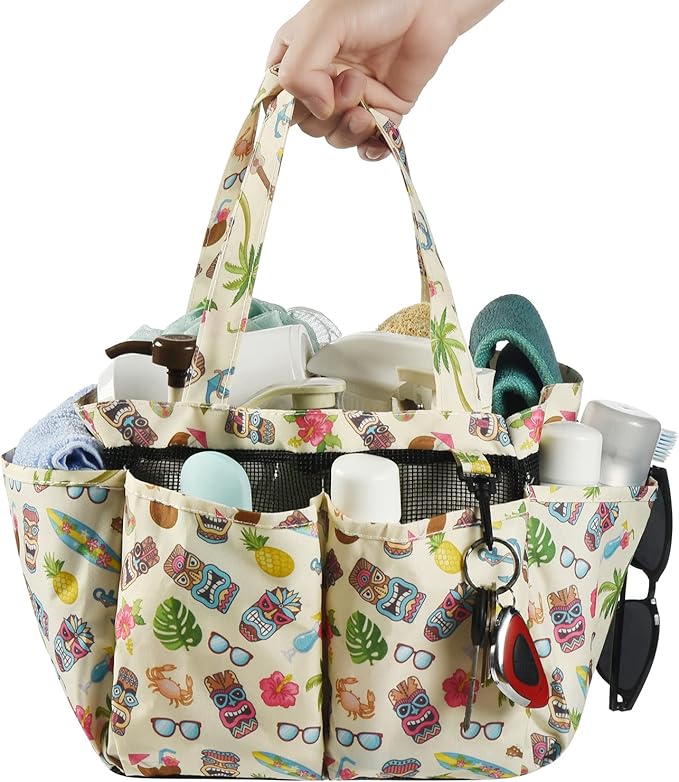 Haundry Portable Mesh Shower Caddy Bag, Large Basket Organizer with Key Hook for College Dorm Bathroom Camp Gym, Hanging Tote Bag with 8 Pockets (Luau Style)