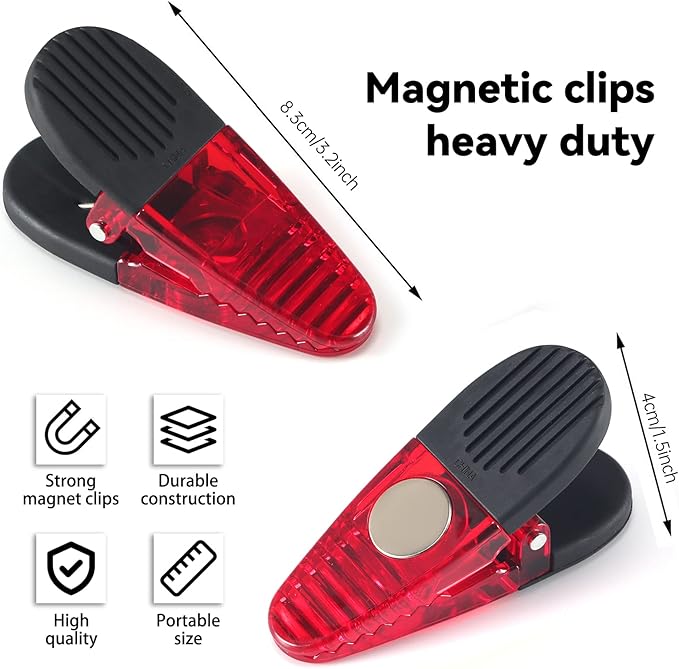 3-1/4" Length Plastic Refrigerator Magnet Clips Sets，Magnet Paper Clips, Snacks Bag Clips，Multipurpose Clips - Set of 6 (Red)