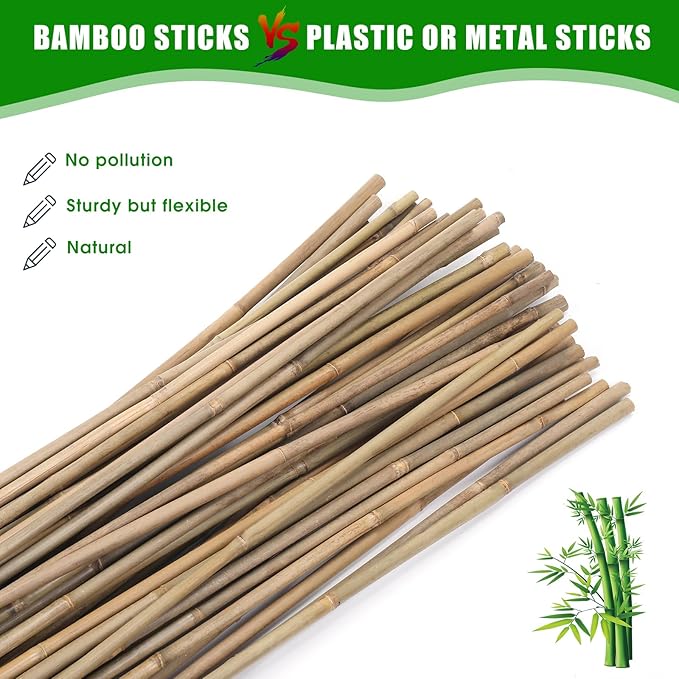 Plant Bamboo Post, 5 Feet, Bamboo Garden Stakes, 50 Pcs Bamboo Stakes, for Tomato, Beans, Vegetable and Flowers, Potted Plants, Indoor and Outdoor Climbing Plants