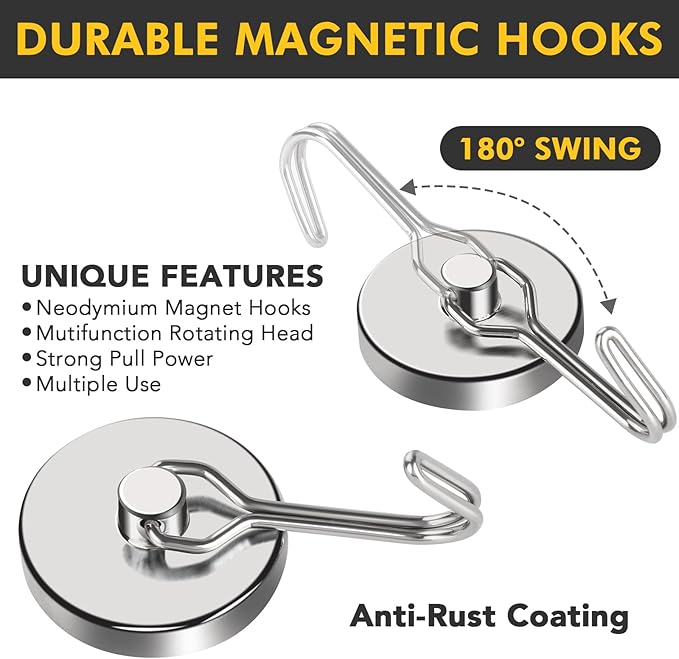 MIKEDE Magnetic Hooks Heavy Duty 120LB+ Swivel Swing Strong Magnetic Hooks Cruise Neodymium Hook Magnets for Hanging Home Workplace Metal Door Office and Garage - Pack of 12