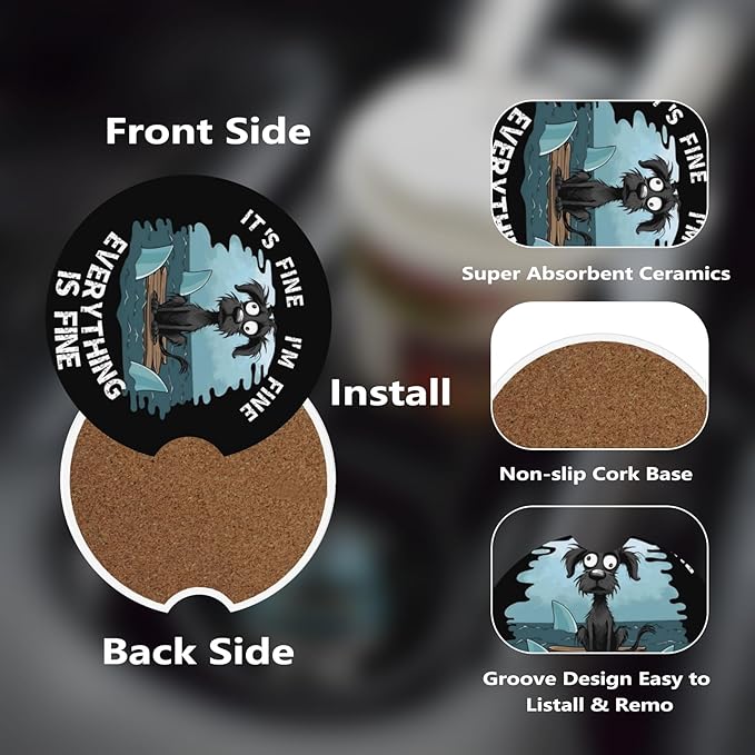 Car Cup Holder Coasters, 2 Pcs Ceramic Coasters with Cork Back and Finger Slot, Anti-Slip Shock Absorbing Women and Men Universal Car Accessories - Fine Dog