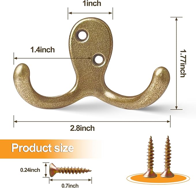 20 Pack Coat Hooks Wall Hooks for Hanging, Heavy Duty Double Prong Metal Hook Wall Mounted for Living Room, Bathroom, Kitchen, Bedroom for Coat, Bag, Scarf, Towel, Hat, Key, Cup (Bronze)