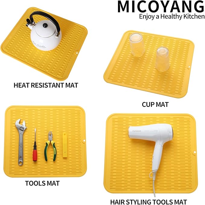 MicoYang Silicone Dish Drying Mat for Multiple Usage,Easy clean,Eco-friendly,Heat-resistant Silicone Mat for Kitchen Counter or Sink,Refrigerator or Drawer Liner Yellow XL 18 inches x 16 inches