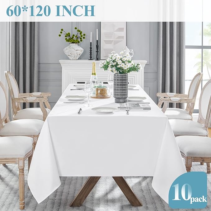 VidaFete Tablecloth 60 * 120inch 10 Pack Rectangle Table Cloth Polyester, Stain Wrinkle Resistant Dining Table Cover for Kitchen Dining Party Wedding Rectangular Tabletop Buffet Decoration (White)
