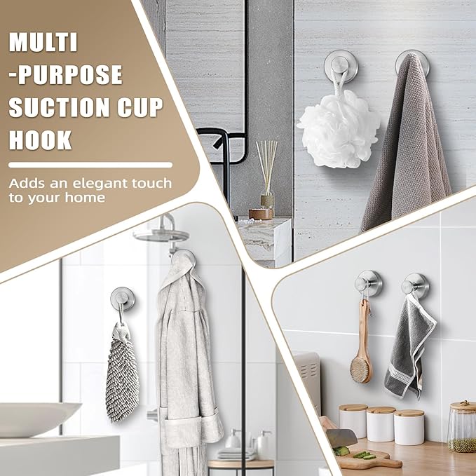 Suction Cup Hooks for Shower No-Drill Bathroom Hooks for Towels, Robes, Loofah Mountable on Bathroom Walls, Kitchen, Glass, Mirrors, Tile and Smooth,Non-Porous Surfaces (4, Brushed Nickel)