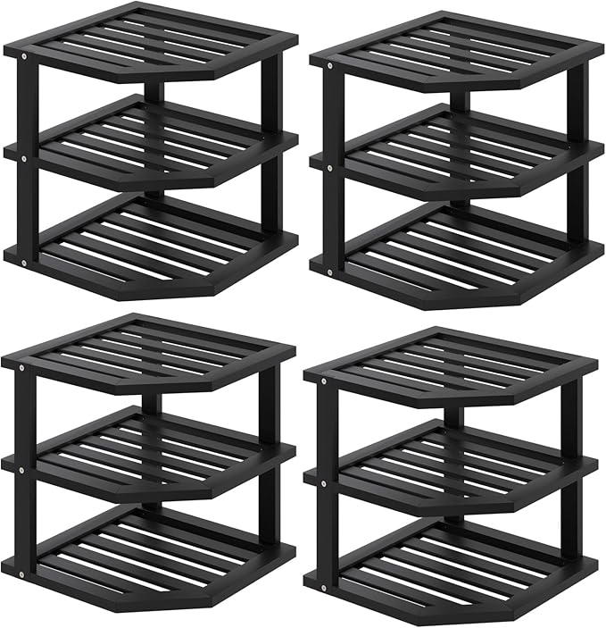 VERTORGAN 3 Tier Bamboo Corner Shelf (4 Pack), Dish Drying Rack, Plate Organizer, Kitchen Spice Rack for Countertop and Cabinet (Black)