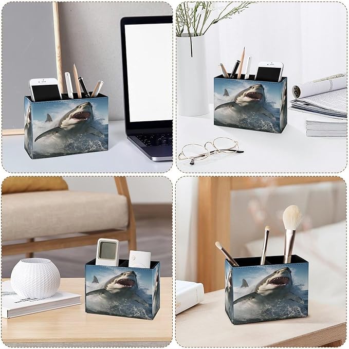 Famame Shark Jumping Out Water Pencil Holder for Desk, Leather Desktop Container Pen Cup Storage Study Table Pen Organizer Makeup Brush Holder for Classroom Office Home