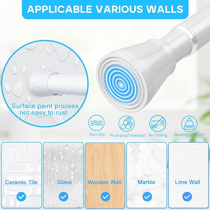 2Pack White Shower Curtain Rod 45 to 77 Inch, Shower Rods for Bathroom, Spring Tension Curtain Rod No Drilling for Windows Doors Closet Kitchen Wardrobe