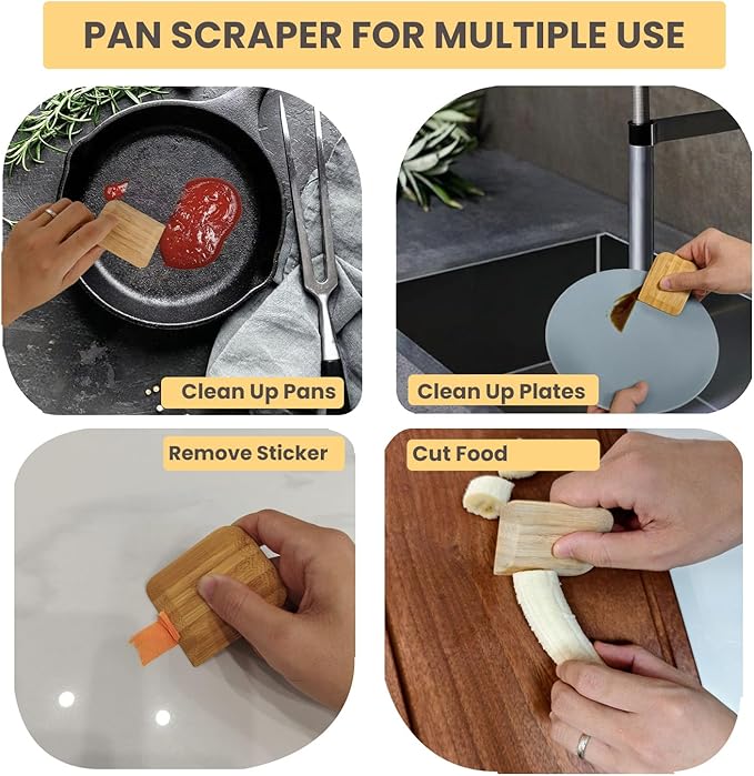 Bamboo Pan Scraper Tool (Pack of 6), Size 2.8" x 2.4" Eco-Friendly Pot Scraper,Clean Pans, Dishes, Bowls, and Plates, Removes Food Effectively Without Scratching