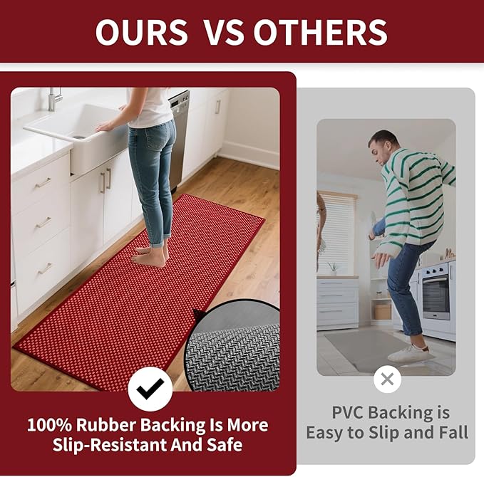 YDKGL Kitchen Rugs Mat Non Slip Washable, Super Absorbent Kitchen Mats for Floor, Rubber Backing Soft Braided Standing Floor Mats Sink Mat Runner Rug, Easy to Clean and Maintain, Red 17"x30"