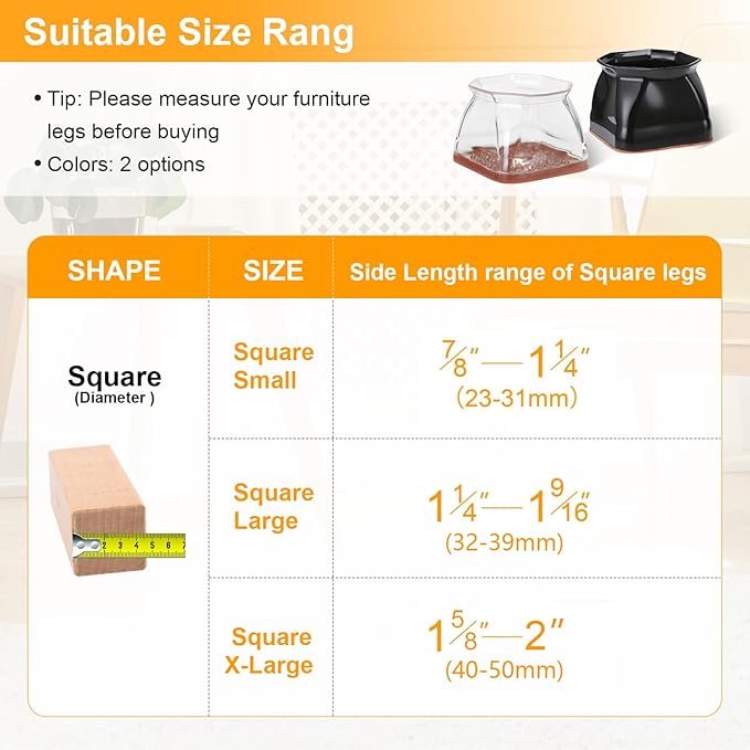 CHUNZEXI 24 Pack Square Chair Leg Floor Protectors for Hardwood Floors, Silicone Felt Covers Pads Caps, Protect Wood Furniture Feet Floors Noise Reduce and Scratch (Square Small & Black)