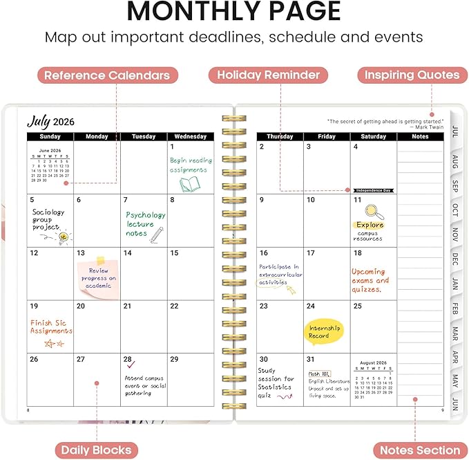 Planner 2026-2027, Academic Monthly and Weekly Calendar Planner for Women, July 2026 - June 2027, Hardcover Pretty Agenda Planner Book with Tabs, Spiral Daily Organizer for School Office Home Supplies, 8.5" x 11" - Painted Bloom