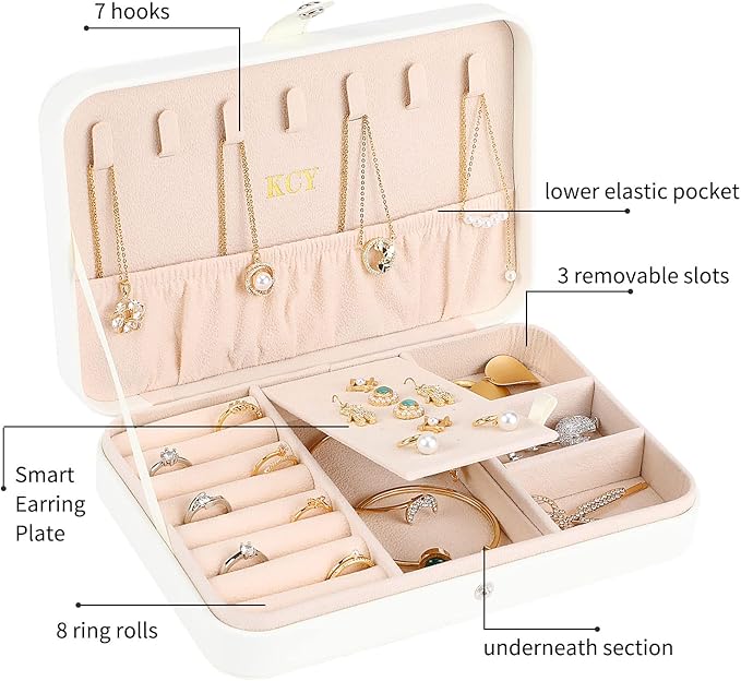 KCY Jewelry Box for Women Girls, Small Travel Jewelry Organizer Case, PU Leather Portable Jewelry Storage Boxes Display Holder for Ring Earrings Necklace Bracelet Bangle, Men Teen Kids Gift, White
