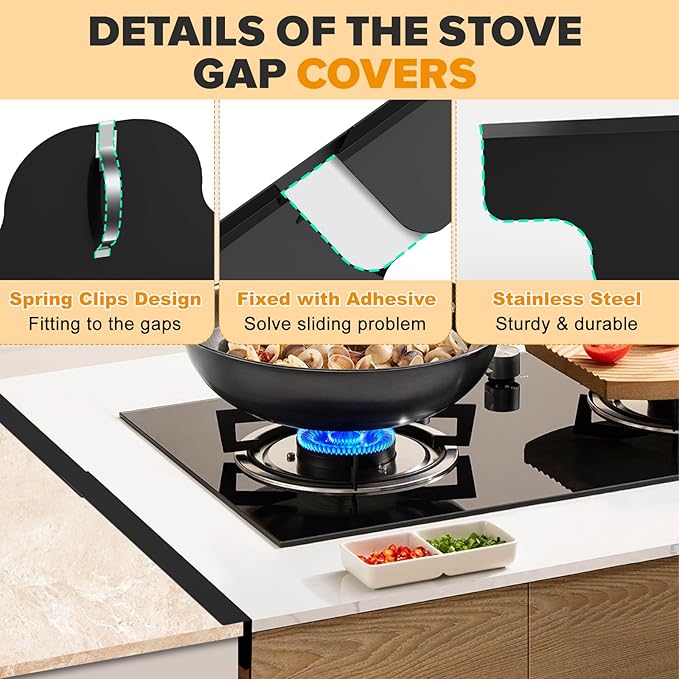 Stove Gap Covers, 2 Pack Stainless Steel Stove Gap Filler, Heat Resistant Oven Gap Filler Adjustable Length 13.8" to 27.5", Range Trim Kit Non-Slip Stove Guard Between Stove Top & Counter - Black