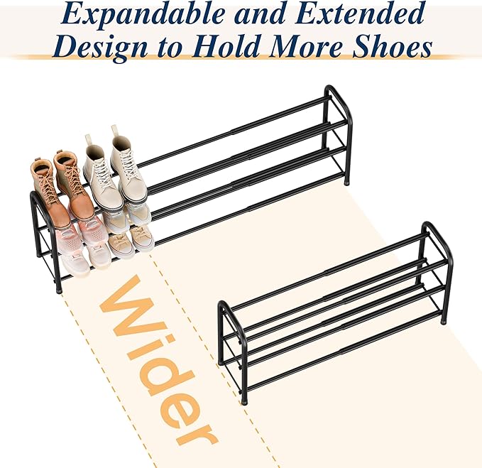 ENJOYBASICS Expandable Shoe Rack, 46.5'' Wide - 20 Pairs Adjustable Shoe Organizer Shelf for Closet, 3-Tier Black Metal Free Standing Shoe Rack Storage for Small Space, Entryway
