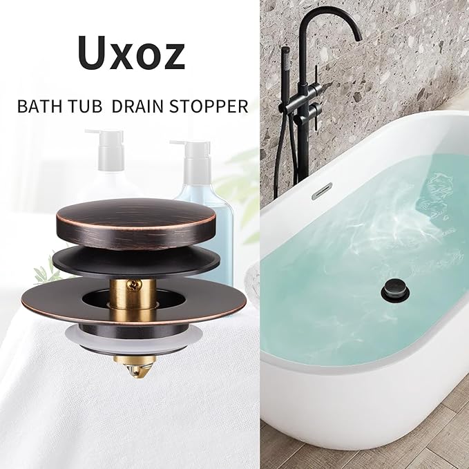 Bathtub Drain Stopper, Uxoz Universal Tub Stopper for Replacing Tip Toe/Trip Lever/Lift&Turn Tub Drain, Bath Tub Drain Stopper Designed for 1.5" to 1.72" Drain Hole with 3 O-Rings, Oil Rubbed Bronze