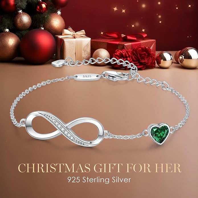 CDE Infinity Heart Birthstone Charm Link Bracelet for Women 925 Sterling Silver Adjustable Mother's Day Gift Anniversary Birthday Jewelry for Wife Girlfriend Her