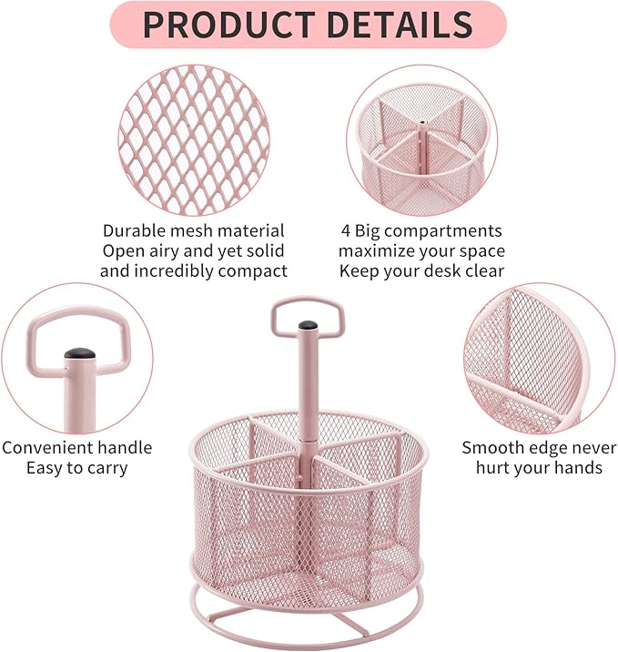 Marbrasse Mesh Desk Organizer, 360-Degree Rotating Multi-Functional Pen Holder, 4 Compartments Desktop Stationery Organizer, Home Office Art Supply Storage Box Caddy (Pink)