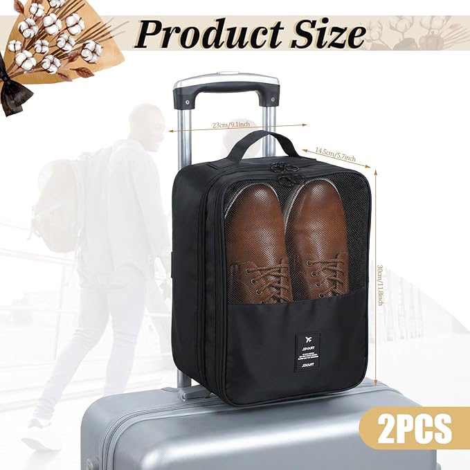 2 PCS Shoe Travel Bag, Shoes Bag Portable Shoe Packing Cubes 2 Layers Holds 3 Pair of Shoes Visual Waterproof Travel Luggage with Trolley Sleeve and Zipper for Business Trip Storage-Black
