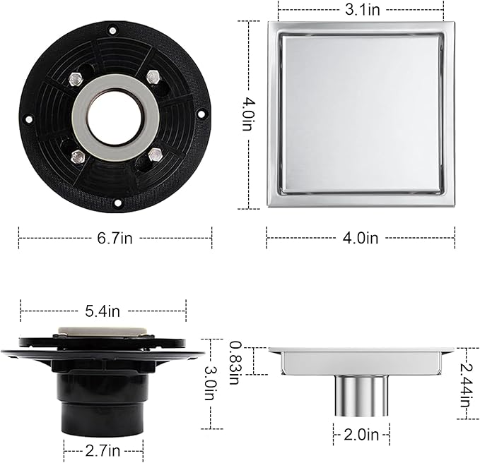 4 Inch Square Shower Floor Drain, Shower Drain Kit with Flange and 2 in 1 Tile-Insert Cover, Square Shower Drain, SUS 304 Stainless Steel Floor Drain,Silver