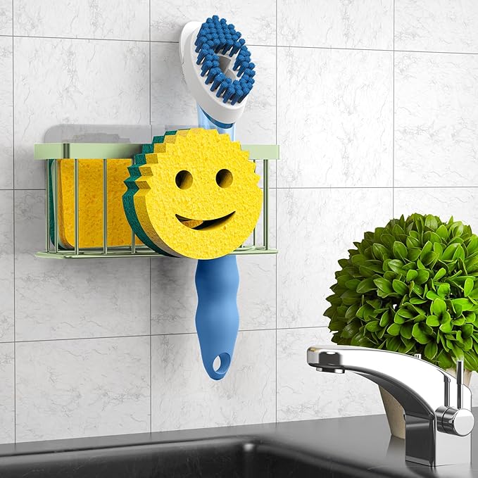 Sponge Holder Smiley Face, Sink Caddy, Sink Organizer with 2 Suction Cups/1 Adhesive Strips, Designed for Sponge, Soap, Dish Brush, Scrubber - Green