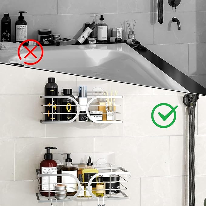 Shower Caddy No Drill Wall Mounted 304 Stainless Steel Durable Large Capacity Adhesive Shower Rack Organiser Quick Dry Rustproof Bathroom Storage Shelves - 2 Pack (Silver)