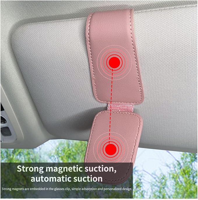 Magnetic Leather Sunglass Holder for Car, Sunglasses Clip for Car Visor, Auto Interior Accessories Universal for Different Size Eyeglasses(Pink)