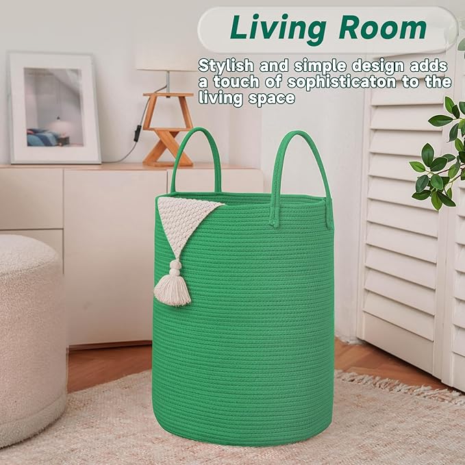 Large Woven Laundry Basket Hamper, 60L Cotton Rope Storage Bin for Blankets, Toys, and Clothes, Decorative Tall Nursery Hamper for Living Room, Baby Nursery, Bathroom, and Bedroom, Dark Green