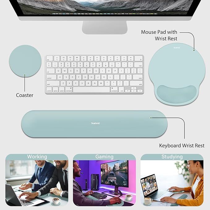 Mouse Pad and Keyboard Wrist Rest, 3-in-1 Gel Memory Foam Ergonomic Mouse Pad with Wrist Rest Set, Gaming Mousepad Arm Cushion Support for Computer Office Desk Accessories Cute, Seafoam Blue