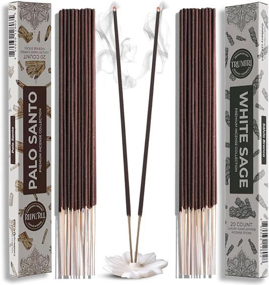 Trumiri Incense Sticks - Combo Pack of 40 Insence-Sticks - 20 Palo Santo + 20 White Sage - Cleansing Insense - Insents - Incents - Inscense - Incence - Incienso - All Natural Non Toxic Incense Sticks