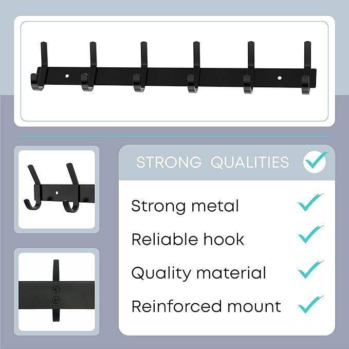 Matte Black Coat Rack Wall Mount – 17 Inch Stainless Steel Hook Rail with 6 Double Coat Hooks – Wall Mounted Entryway Organizer for Coats, Hats, Bags, Towels, Robes, Closet or Bathroom - 4 Pack