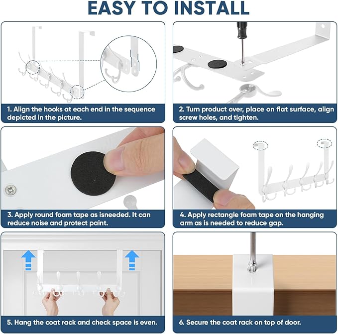 TICONN Over The Door Hooks, 5 Heavy Duty Tri Coat Rack All Metal Coat Hanger for Bathroom Bedroom Dorm (White, 2PK, Fit 1-3/4" Doors)