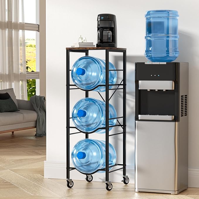 5 Gallon Water Jug Holder - 3-Tier Water Jug Rack with Wheel Reinforced X-Shape Design, 5 Gallon Water Jug Stand with Storage Shelves for Kitchen, Living Room, Office