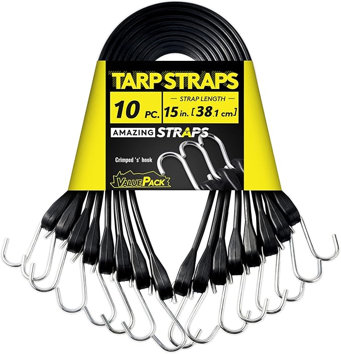 15'' Rubber Bungee Cords Heavy Duty Outdoor with 27" Max Stretch & Over 176 lbs Load, 100% EPDM Black Bungee Straps with Crimped S Hooks for Cargo, Tarps, Truck, Motorcycle, Weatherproof (50 Pack)