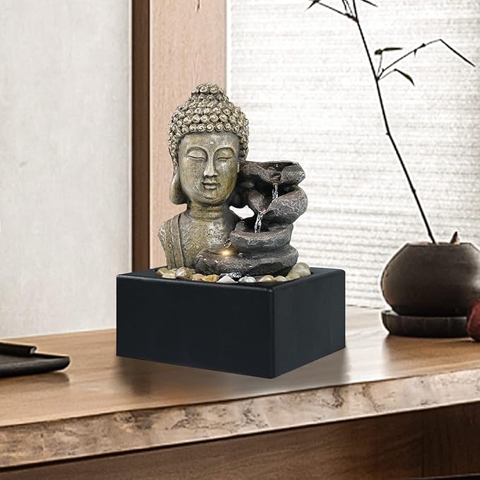Ferrisland Tabletop Waterfall Fountain Indoor - Buddha Water Fountains 4-Tier Tabletop Waterfall of Zen Meditation Buddha Fountain with LED Warm Light for Office Home and Bedroom Desktop Decor